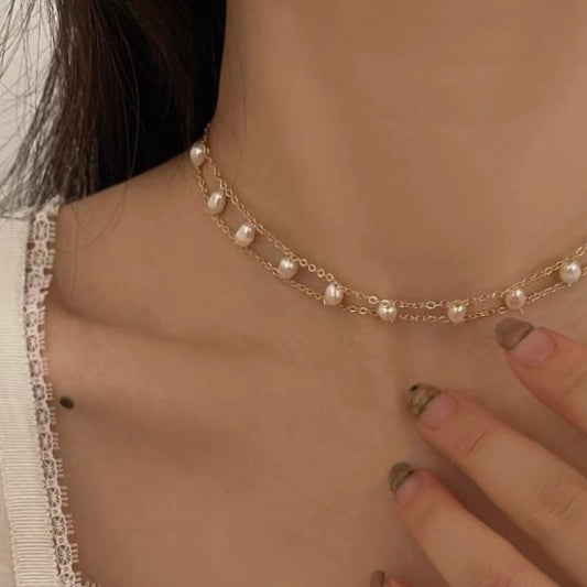 Midsummer Night Double Chain Pearl Necklace